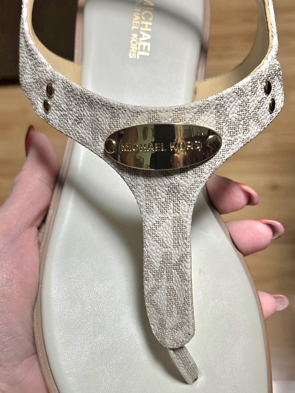 Michael Kors Beige Signature Monogram T-Strap Sandals with Gold Logo - Picture 2 of 6